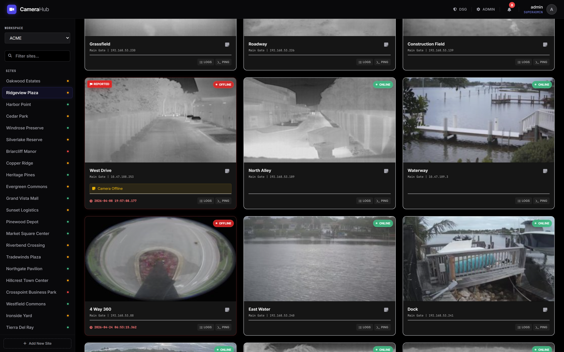 Camera Hub dashboard — live view of multiple sites with mixed online and offline camera statuses